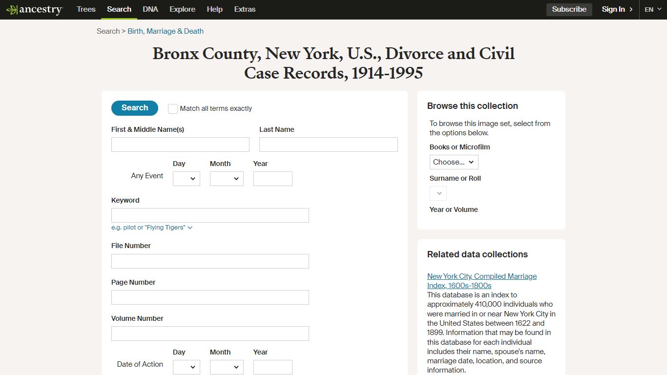 Bronx County, New York, U.S., Divorce and Civil Case Records, 1914-1995